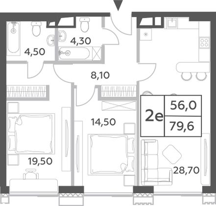 79,6 м², 3-комн. квартира, 44/52 этаж