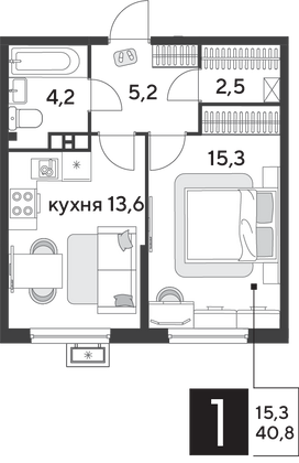 Продажа 1-комнатной квартиры 40,8 м², 5/9 этаж