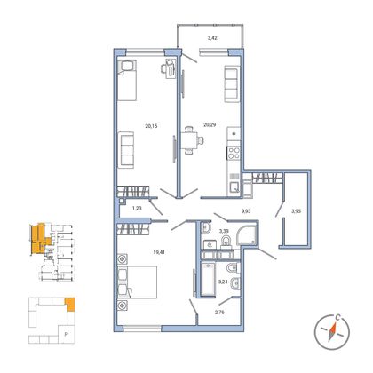 87,8 м², 2-комн. квартира, 7/7 этаж