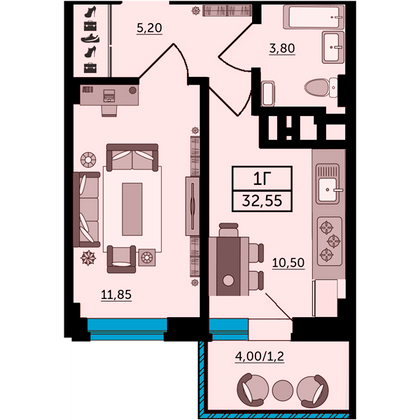 33,4 м², 1-комн. квартира, 24/26 этаж