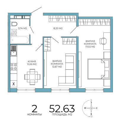 52,6 м², 2-комн. квартира, 2/18 этаж