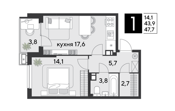 Продажа 1-комнатной квартиры 47,7 м², 5/9 этаж