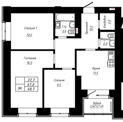 Продажа 3-комнатной квартиры 68,7 м², 5/16 этаж