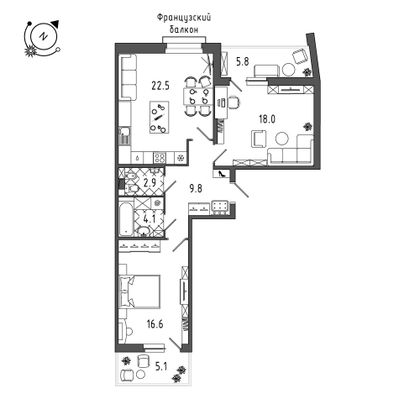 78,8 м², 2-комн. квартира, 2/8 этаж