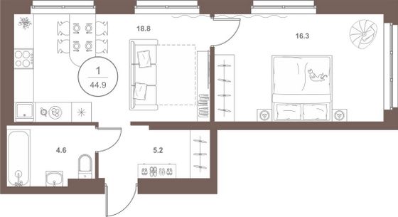 Продажа 1-комнатной квартиры 44,9 м², 3/18 этаж
