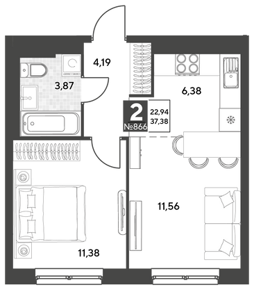 Продажа 2-комнатной квартиры 37,4 м², 22/25 этаж