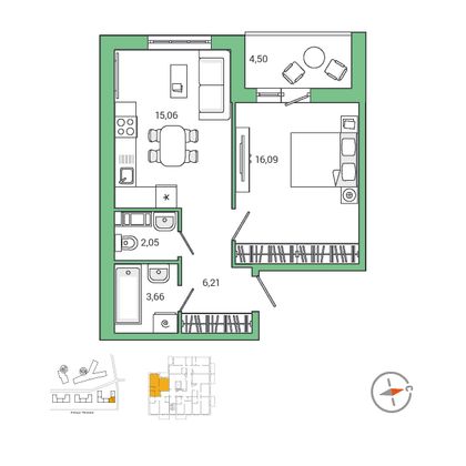 45,5 м², 1-комн. квартира, 4/9 этаж