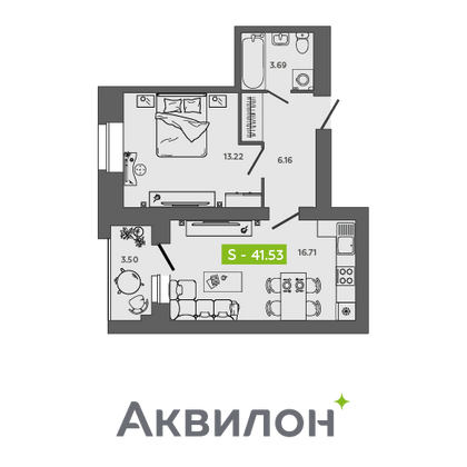 41,5 м², 1-комн. квартира, 7/9 этаж