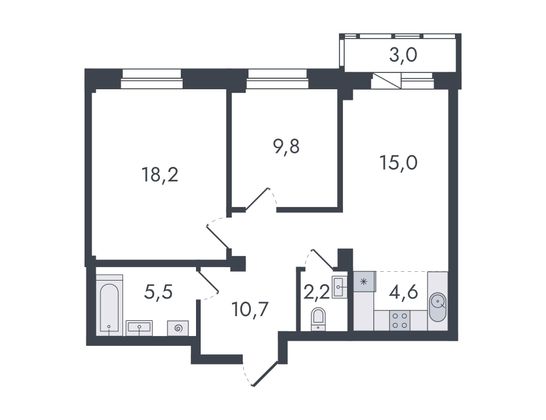 Продажа 3-комнатной квартиры 69 м², 3/13 этаж