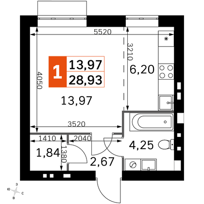 28,9 м², 1-комн. квартира, 2/4 этаж