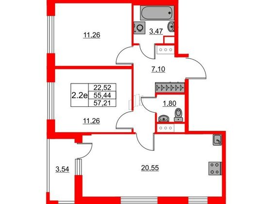Продажа 2-комнатной квартиры 55,4 м², 2/14 этаж