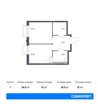 36,9 м², 1-комн. квартира, 9/10 этаж