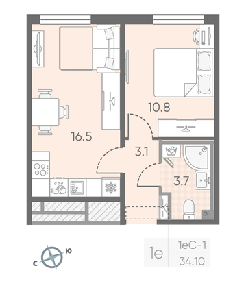 34,1 м², 1-комн. квартира, 2/25 этаж