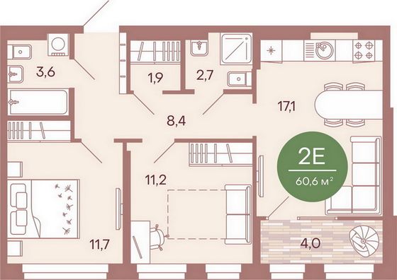 Продажа 2-комнатной квартиры 60,6 м², 1/17 этаж