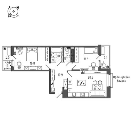 69,4 м², 2-комн. квартира, 2/12 этаж