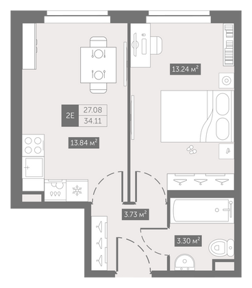 34,1 м², 1-комн. квартира, 2/11 этаж