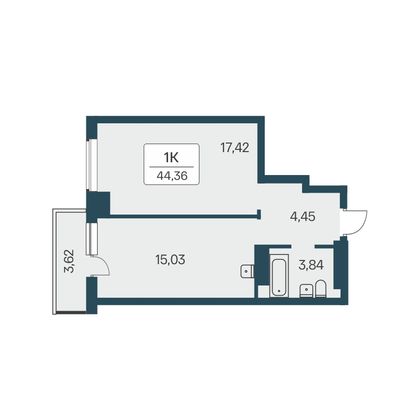 44,4 м², 1-комн. квартира, 22/27 этаж