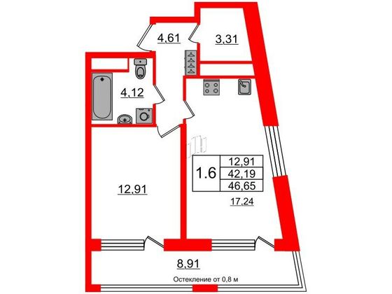 Продажа 1-комнатной квартиры 42,2 м², 1/8 этаж