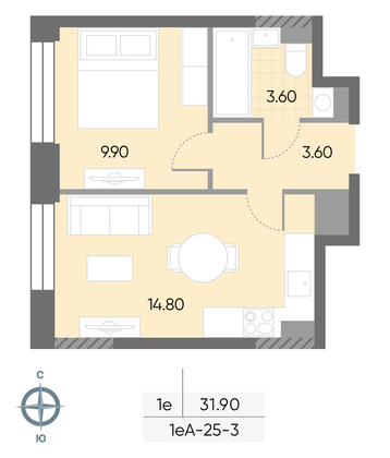 31,9 м², 1-комн. квартира, 3/30 этаж