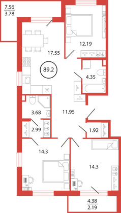 Продажа 3-комнатной квартиры 89,2 м², 2/12 этаж