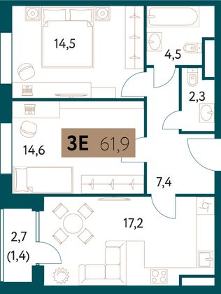 61,5 м², 3-комн. квартира, 15/28 этаж