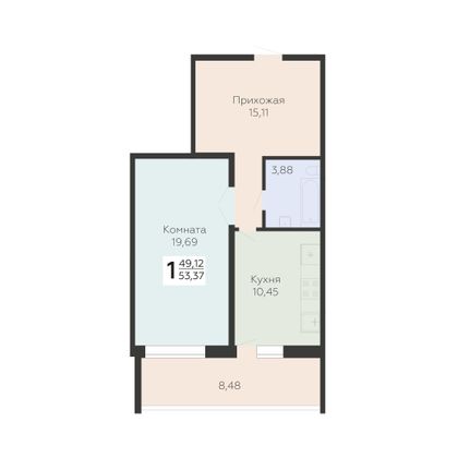 Продажа 1-комнатной квартиры 53,4 м², 1/11 этаж