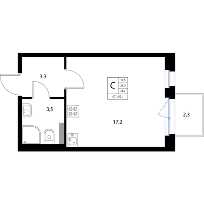 Продажа квартиры-студии 24,7 м², 2/3 этаж