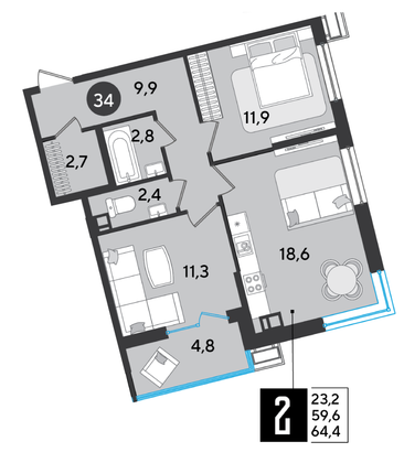 Продажа 2-комнатной квартиры 64,4 м², 6/16 этаж