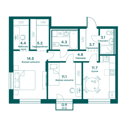 63,1 м², 2-комн. квартира, 4 этаж