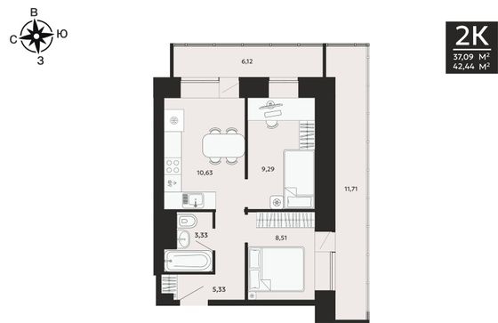 42,6 м², 2-комн. квартира, 6/8 этаж