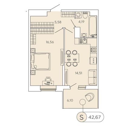 42,7 м², 1-комн. квартира, 4/12 этаж