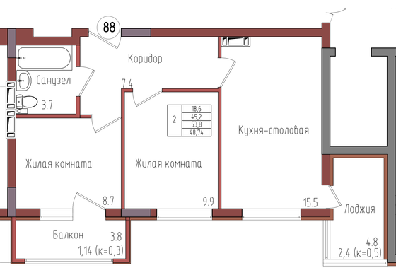 48,7 м², 2-комн. квартира, 3/9 этаж