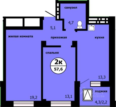 Продажа 2-комнатной квартиры 57,6 м², 10/19 этаж