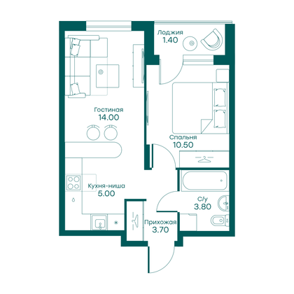 38,4 м², 2-комн. квартира, 6/6 этаж