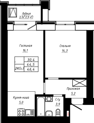 Продажа 2-комнатной квартиры 46,4 м², 12/16 этаж