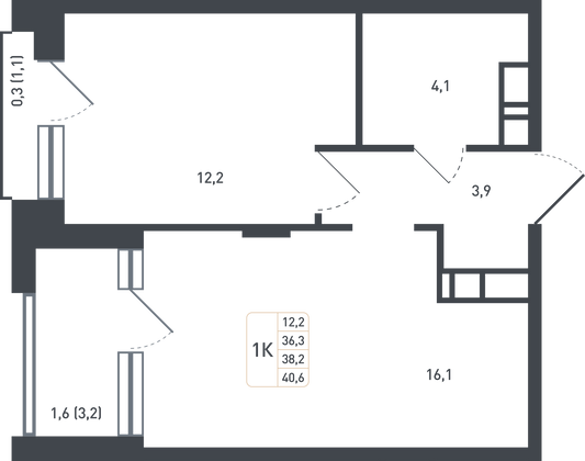 38,2 м², 1-комн. квартира, 3/8 этаж