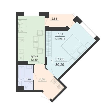 Продажа 1-комнатной квартиры 39,3 м², 13/20 этаж