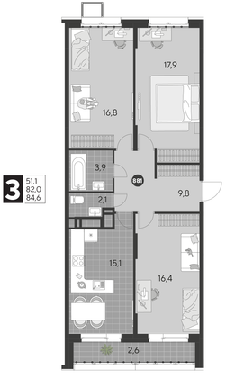 Продажа 3-комнатной квартиры 84,6 м², 7/21 этаж