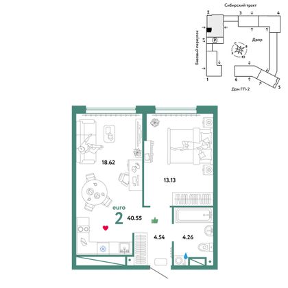 40,5 м², 2-комн. квартира, 22/32 этаж