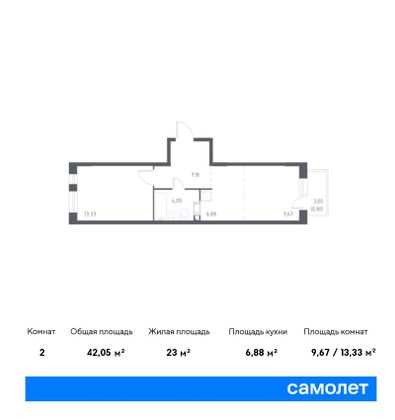 42 м², 2-комн. квартира, 14/17 этаж