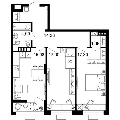 70,9 м², 2-комн. квартира, 5/10 этаж