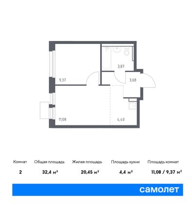 32,4 м², 2-комн. квартира, 14/17 этаж