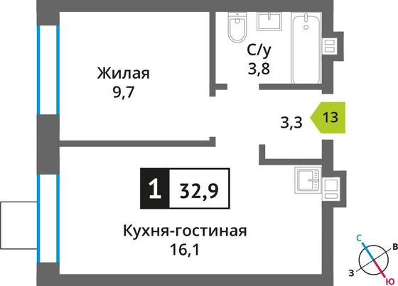 Продажа 1-комнатной квартиры 32,9 м², 2/6 этаж