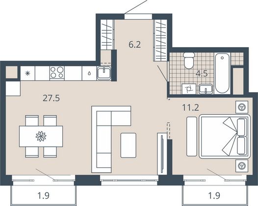 Продажа 1-комнатной квартиры 52,8 м², 21/23 этаж