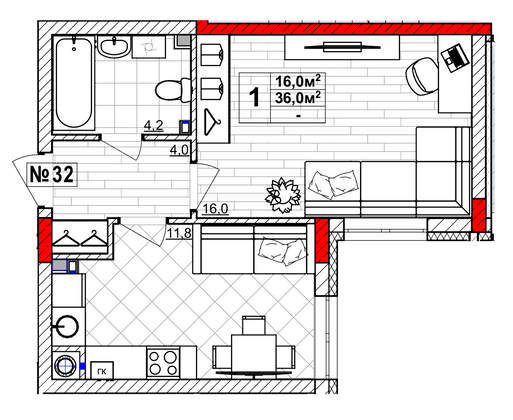 Продажа 1-комнатной квартиры 36 м², 1/4 этаж