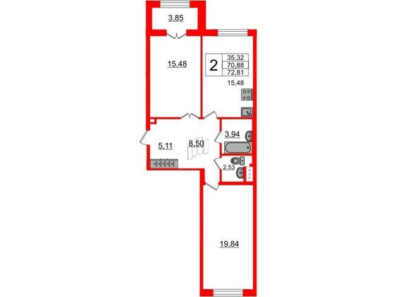 Продажа 2-комнатной квартиры 71,4 м², 1/8 этаж