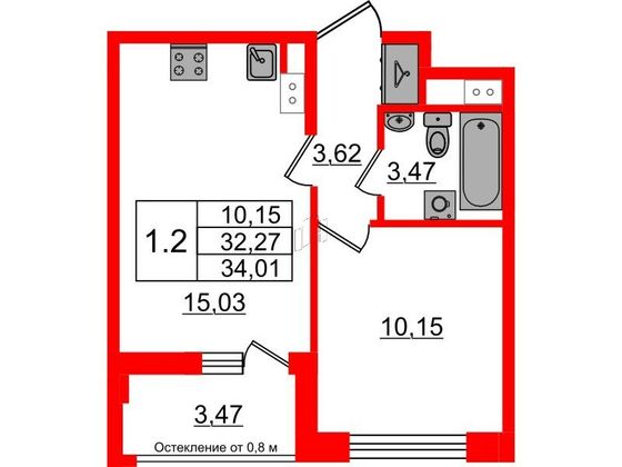 Продажа 1-комнатной квартиры 32,3 м², 3/12 этаж