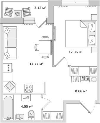 40,7 м², 1-комн. квартира, 8/22 этаж