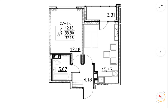 Продажа 1-комнатной квартиры 37,2 м², 12/12 этаж