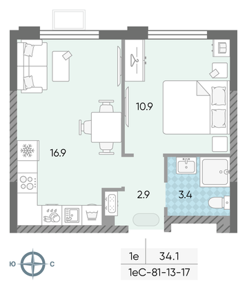 Продажа 1-комнатной квартиры 34,1 м², 16/24 этаж